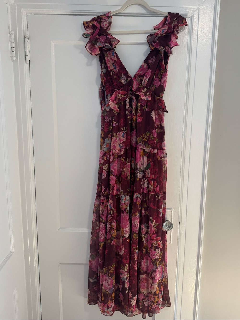 Aqua Burgundy Floral Ruffle V-Neck Maxi Dress